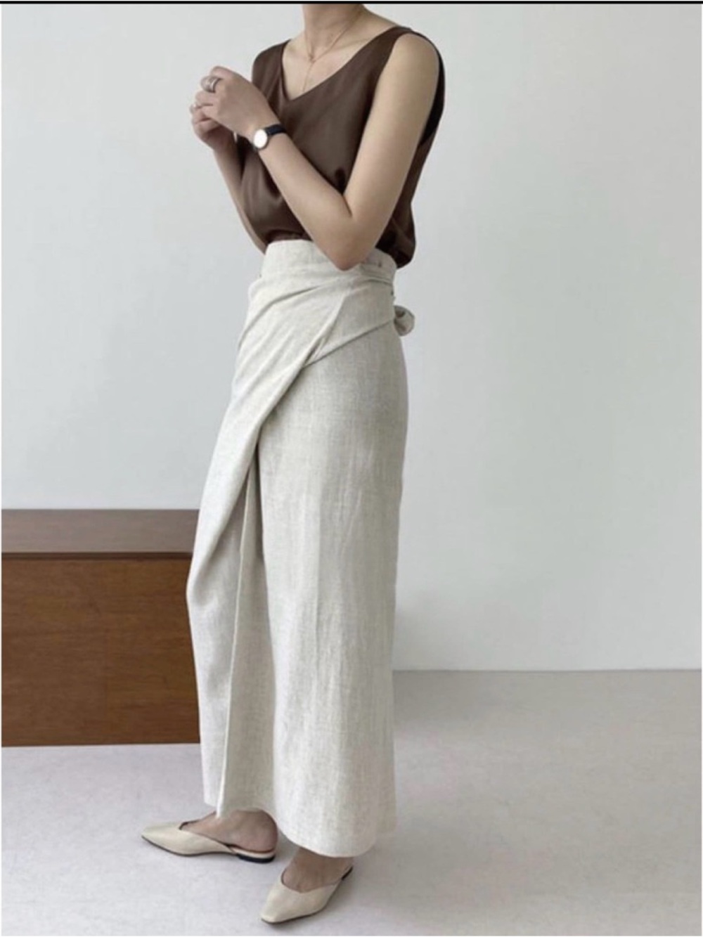 Ivory Linen Wrap Midi Skirt - Free Size - Picture 3 of 9